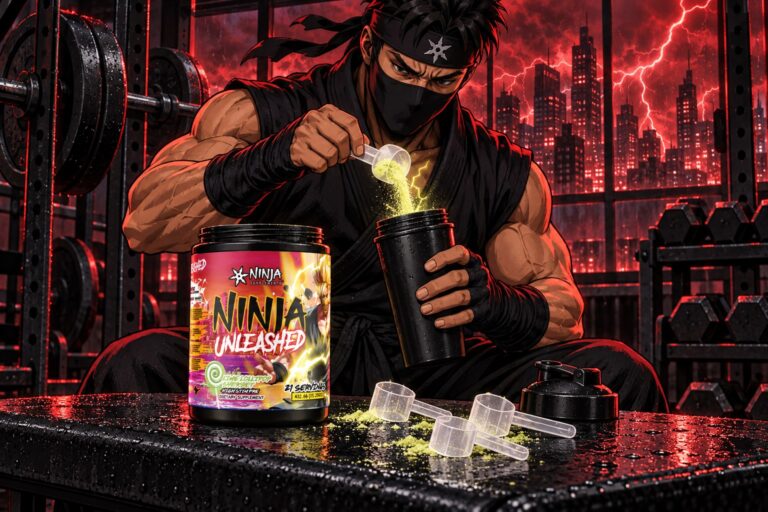 Ninja pouring one scoop of Ninja Unleashed into a shaker
