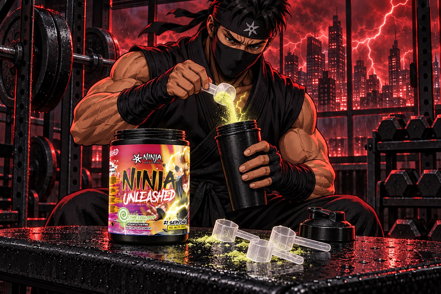 Ninja pouring one scoop of Ninja Unleashed into a shaker