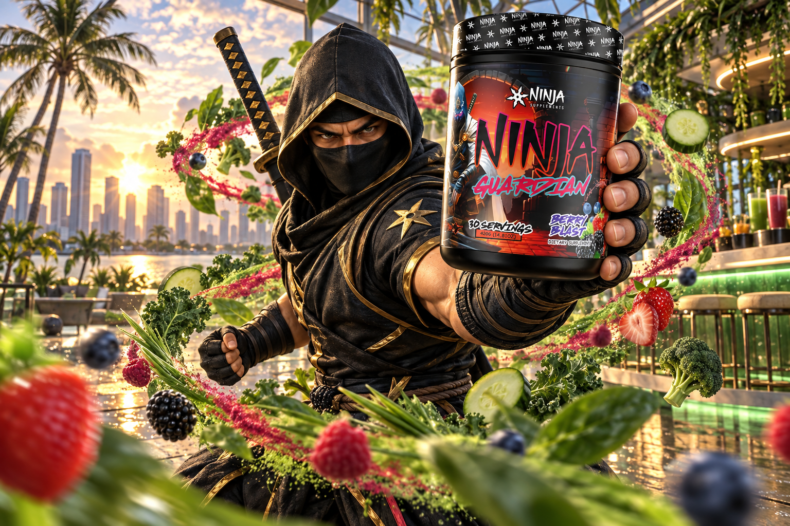 Ninja Guardian mascot holding the Ninja Guardian Berry Blast greens powder tub in a tropical greenhouse juice bar, surrounded by a swirling vortex of greens and berries
