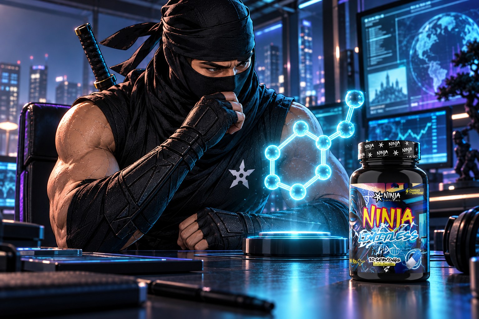 What Is Tyrosine? Ninja mascot studying a glowing molecule model at a late-night console, with a bottle of Ninja Limitless on the desk
