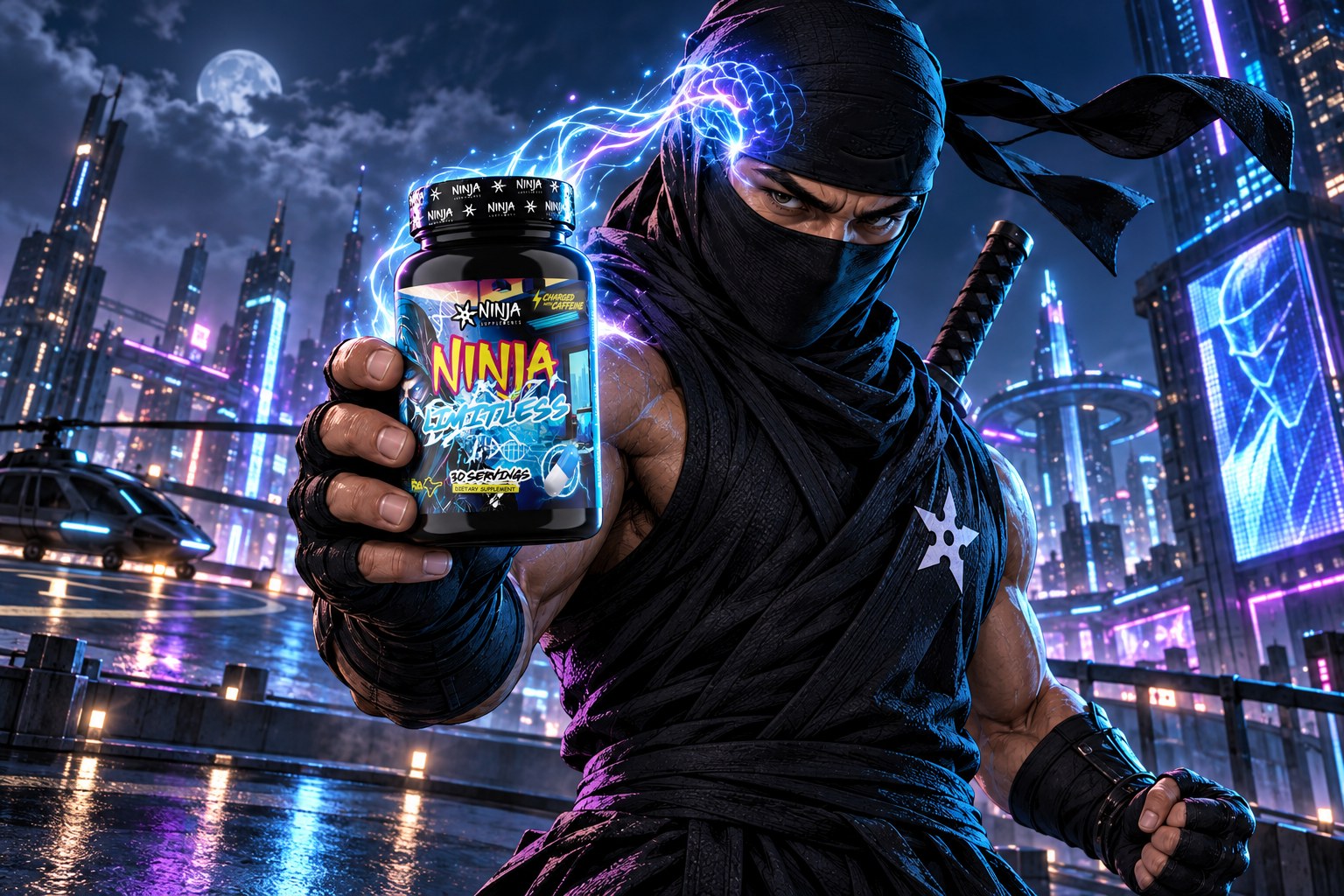 Ninja mascot on a neon rooftop at night holding Ninja Limitless, with light tracing from the bottle to his temple
