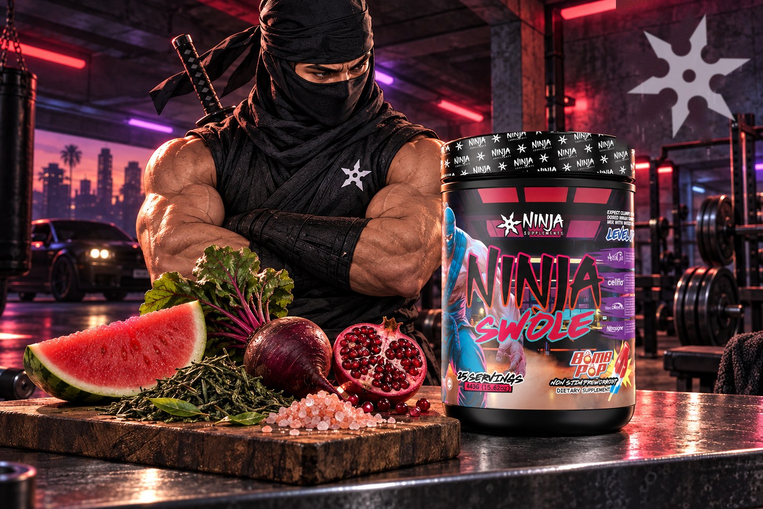 What Makes a Pre-Workout Natural? Ninja mascot with arms folded over watermelon, beetroot, pomegranate, green tea and pink salt beside a tub of Ninja Swole