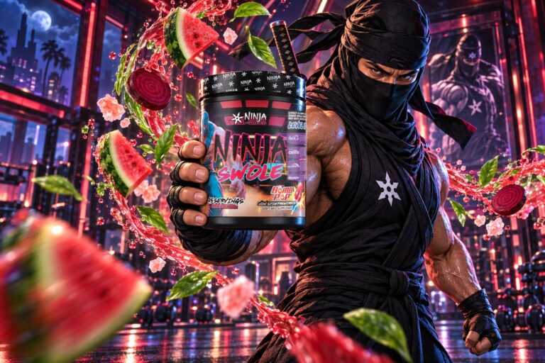 Ninja mascot in a neon mirror gym holding Ninja Swole Bomb Pop, surrounded by watermelon, beetroot, green tea leaves and sea salt