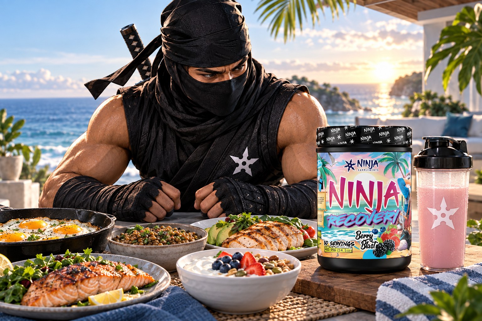 Ninja mascot at a sunrise oceanfront breakfast of eggs, chicken, salmon, lentils and yogurt beside a tub of Ninja Recovery Berry Blast