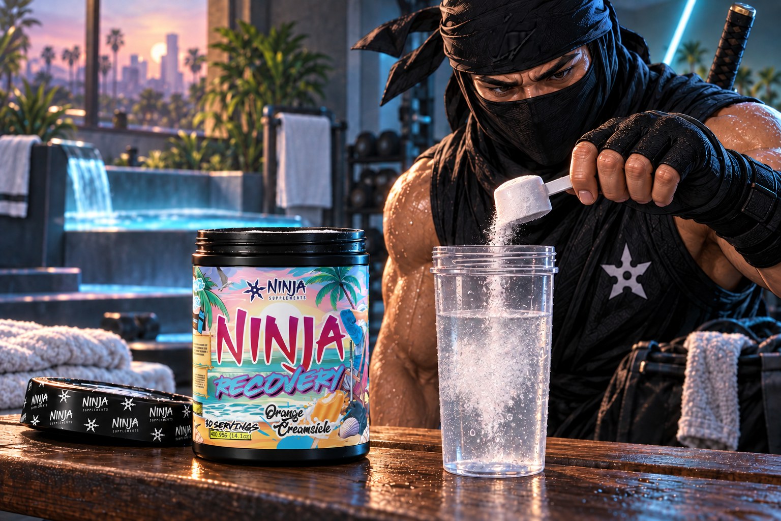 Ninja mascot tipping a scoop of Ninja Recovery Orange Creamsicle into a shaker in a post-workout recovery room