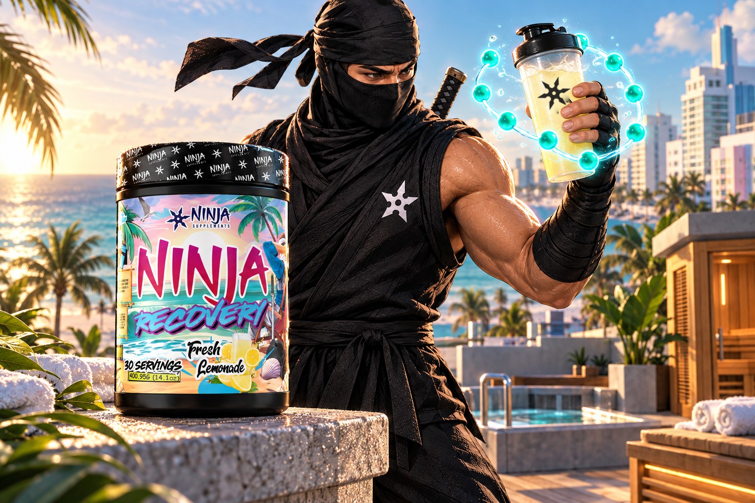 Ninja mascot shaking a shaker on a Miami Beach rooftop recovery deck, with a tub of Ninja Recovery Fresh Lemonade in front
