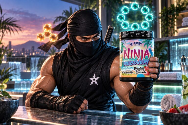Ninja mascot at a Miami hydration bar holding Ninja Recovery Strawberry Watermelon, with three amber BCAA spheres and a ring of teal EAA spheres