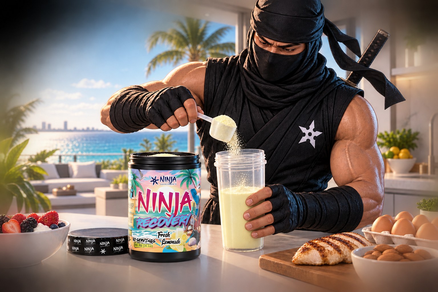 Ninja mascot scooping Ninja Recovery Fresh Lemonade into a shaker beside eggs, chicken, berries and yogurt in a Miami kitchen