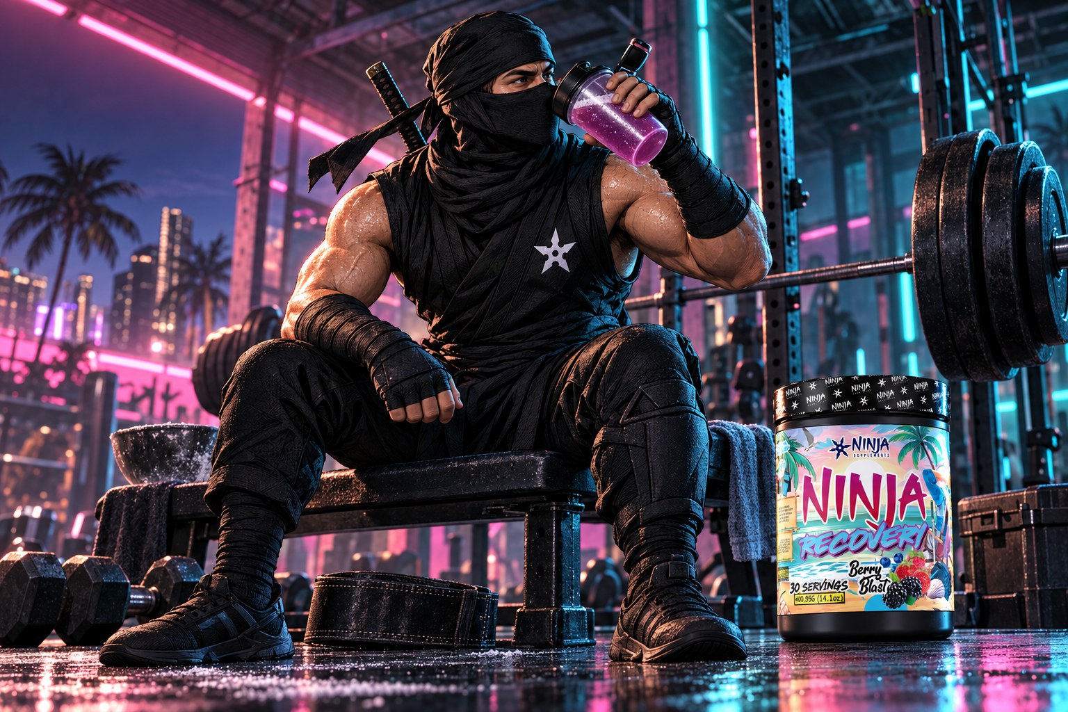 Ninja mascot drinking an intra-workout EAA shake on a bench in a neon Miami gym, with a tub of Ninja Recovery Berry Blast