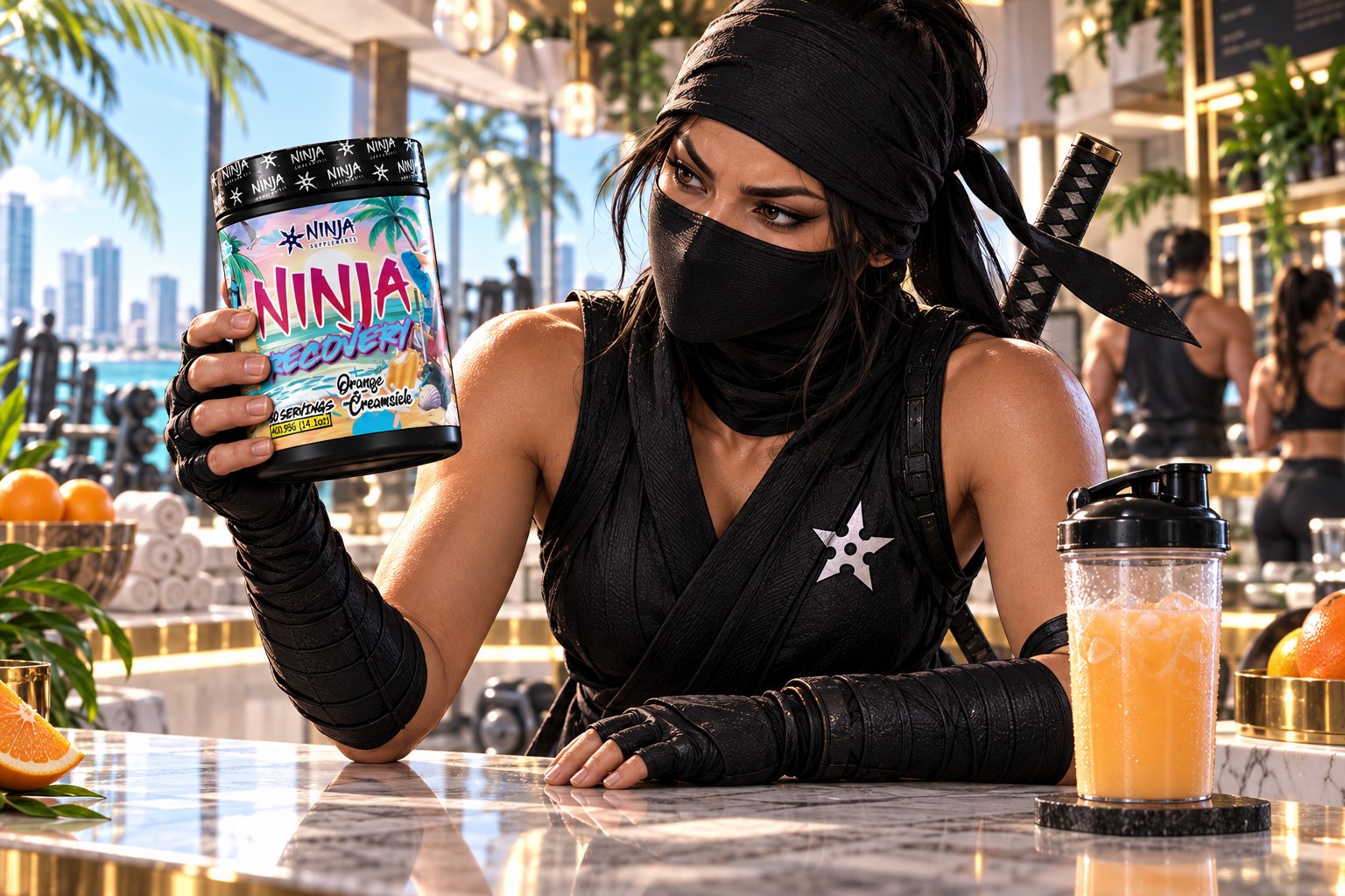 Female ninja at a Miami gym juice bar studying the label on a tub of Ninja Recovery Orange Creamsicle