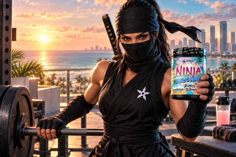 Female ninja on a Miami Beach rooftop gym at sunrise holding Ninja Recovery Strawberry Watermelon before a fasted morning session