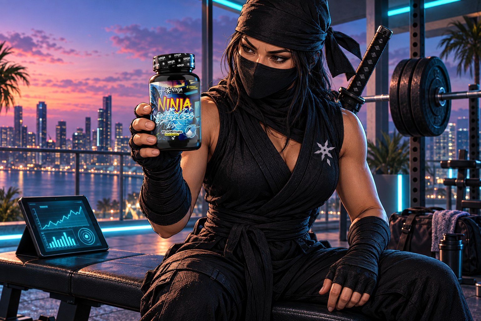 Female ninja on a Miami rooftop gym bench at dusk studying the label of a Ninja Limitless bottle before training