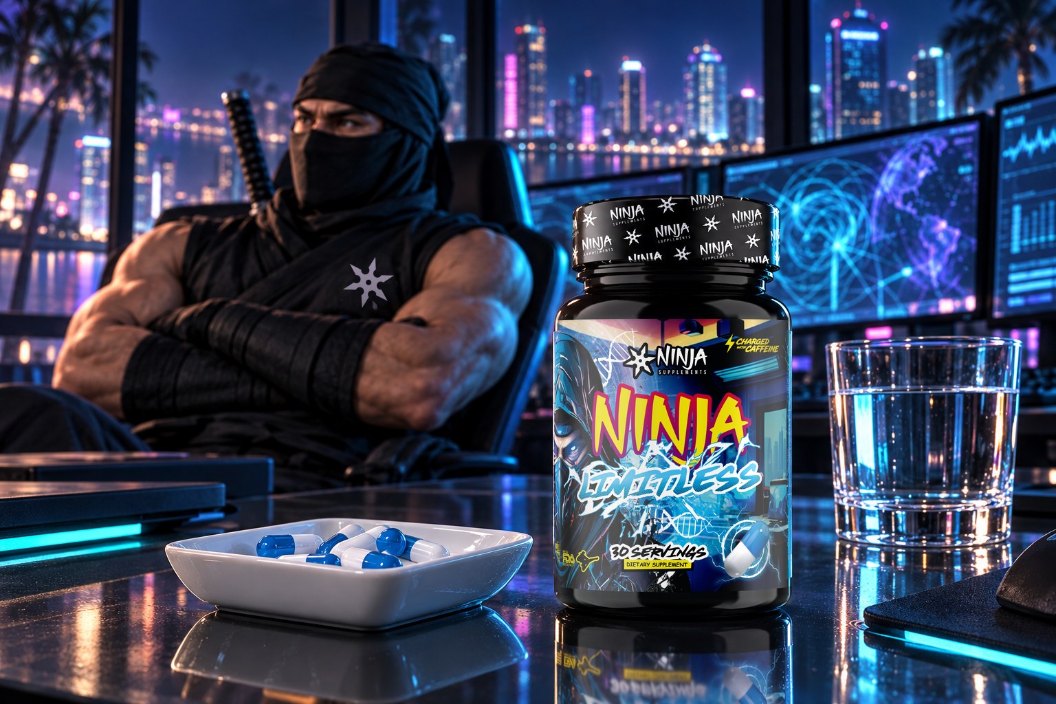 Ninja Limitless bottle on a glass desk beside a dish of blue and white capsules, a ninja at glowing monitors over Miami at night
