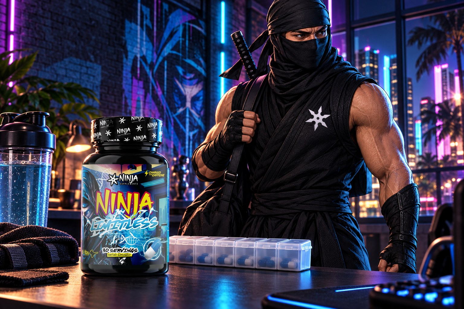 Ninja Limitless bottle next to a weekly pill organiser and shaker in a Wynwood loft, the Ninja mascot heading out to train