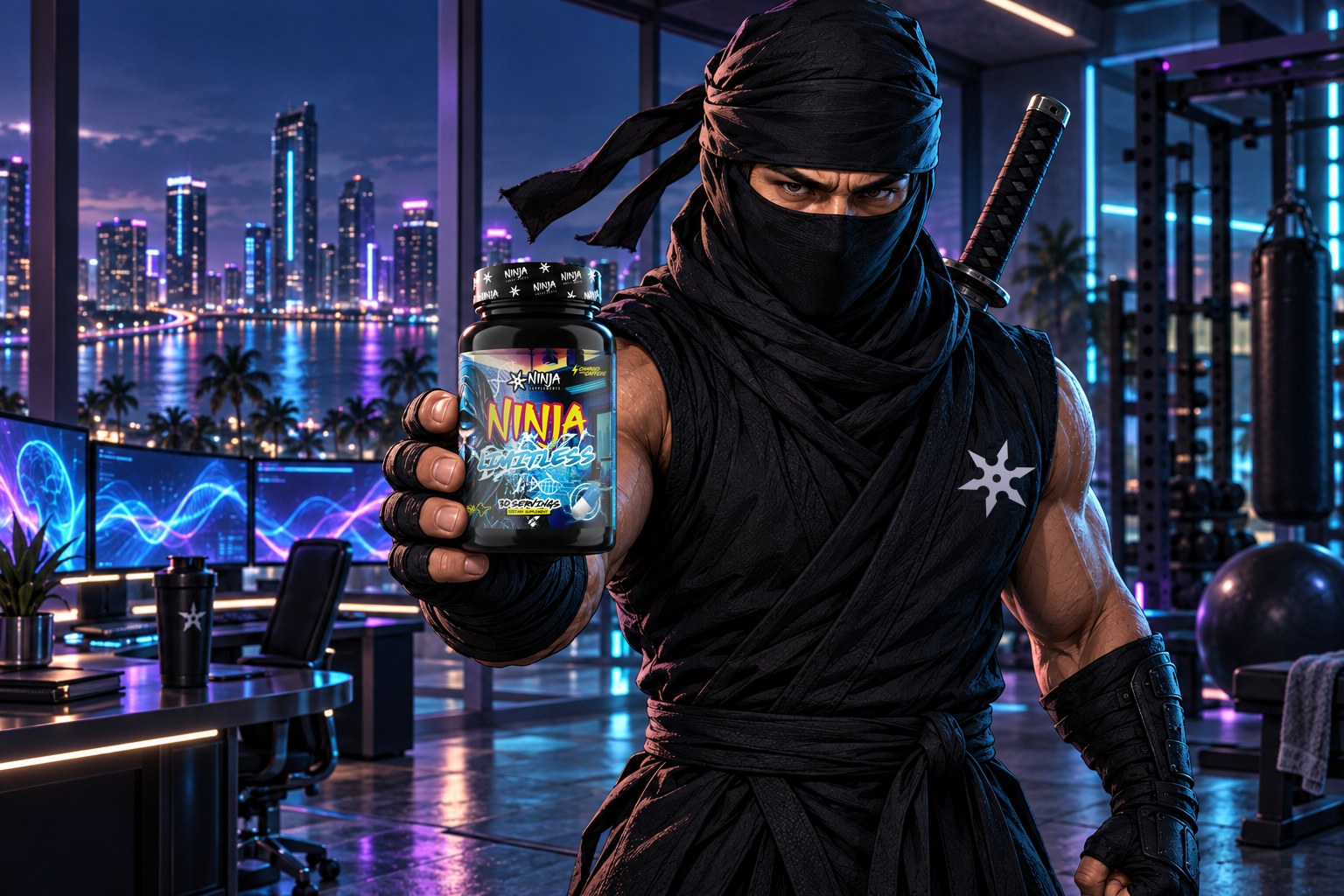 Ninja mascot holding a bottle of Ninja Limitless in a Brickell performance lab at night, Miami skyline behind