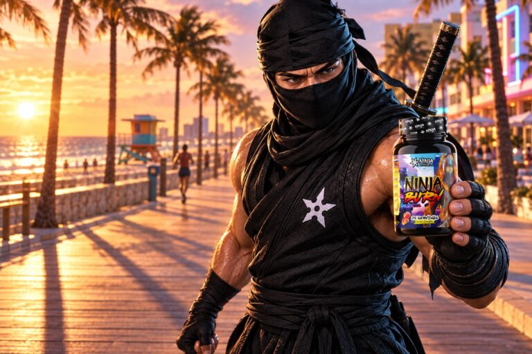 The Ninja Supplements ninja pauses mid-run on the Miami Beach boardwalk at golden hour, holding a bottle of Ninja Burn thermogenic fat burner
