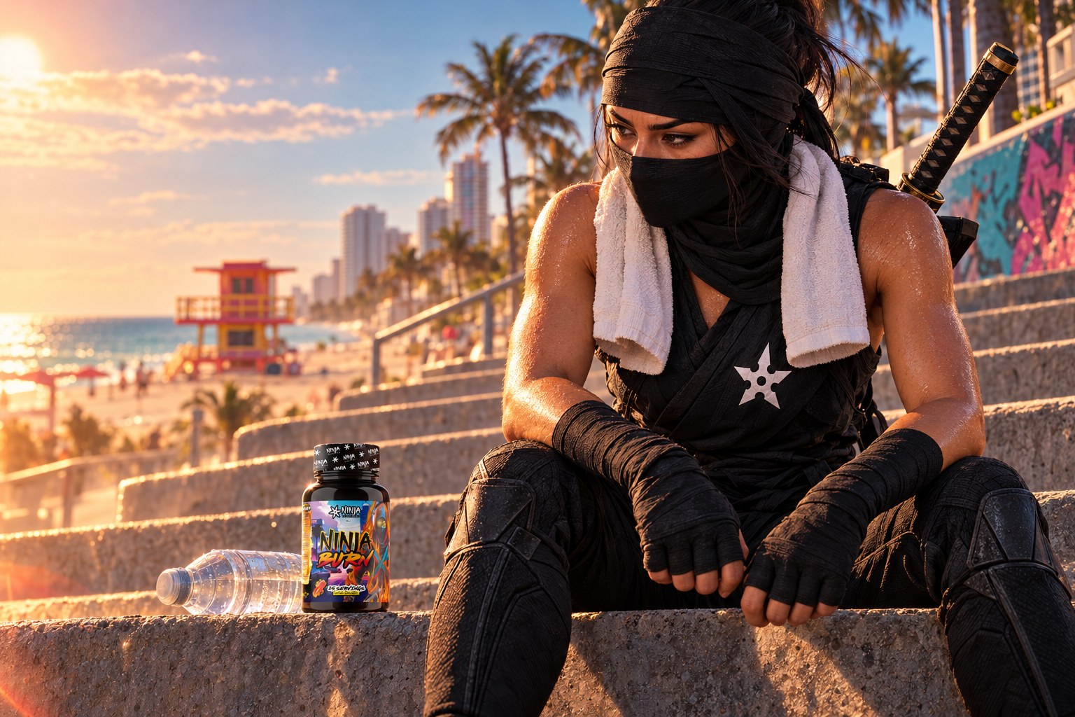 A female ninja sits on sunlit concrete beach steps in Miami Beach catching her breath, a towel around her neck, with a bottle of Ninja Burn and a water bottle beside her