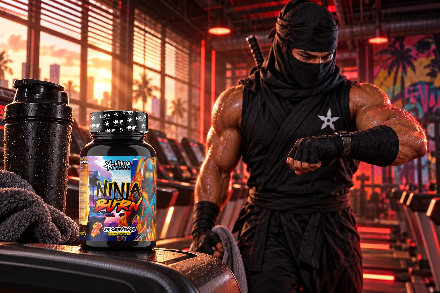 A muscular ninja checks the heart rate on his smartwatch in a red-lit Wynwood treadmill studio, a bottle of Ninja Burn and a shaker on the handrail in the foreground