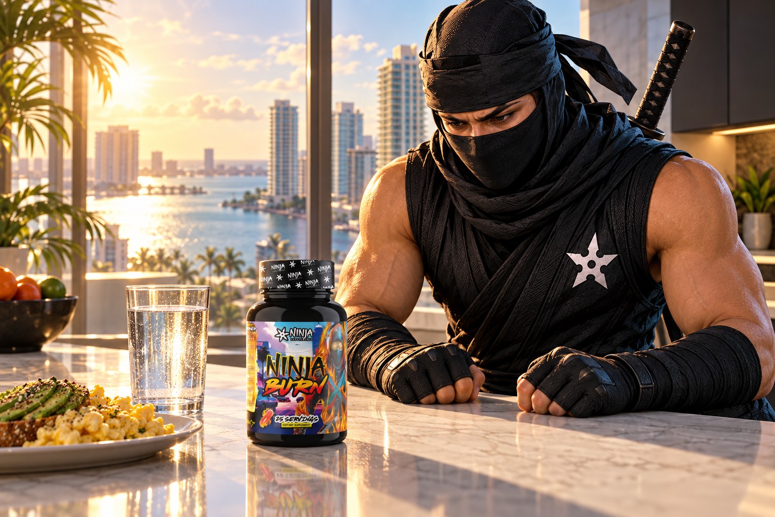 The Ninja Supplements ninja leans on a sunlit Brickell kitchen island looking at a bottle of Ninja Burn beside a glass of water and a plate of eggs and avocado toast