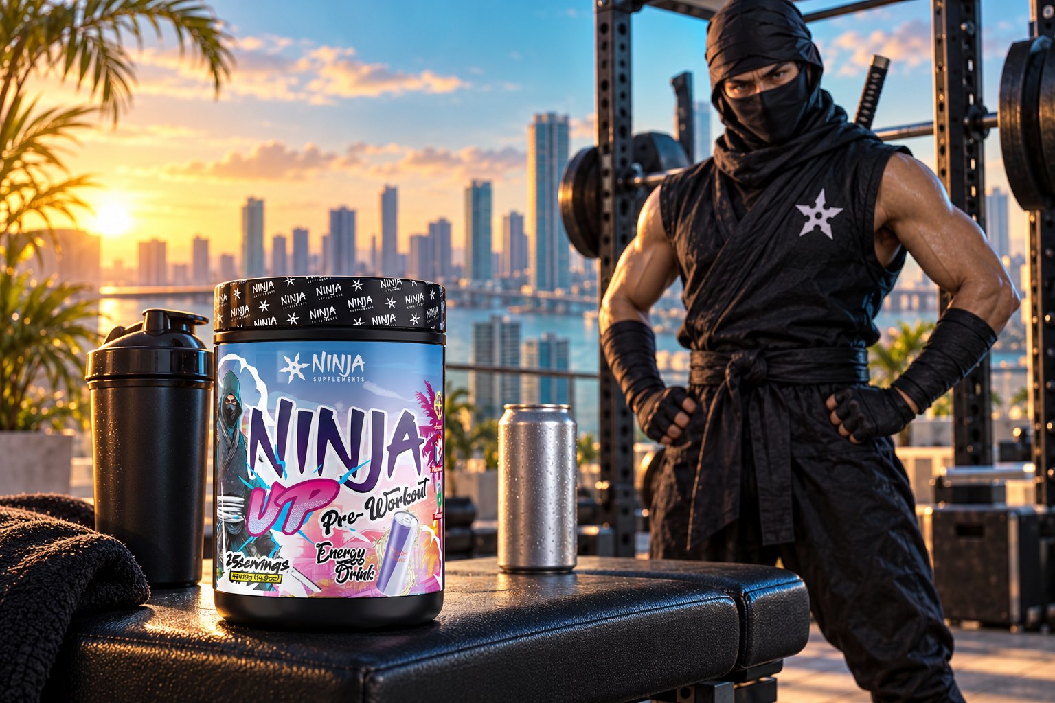 A Ninja Up Energy Drink pre-workout tub and shaker on a weight bench, a plain can pushed aside, a ninja waiting at the squat rack on a Brickell rooftop at sunrise