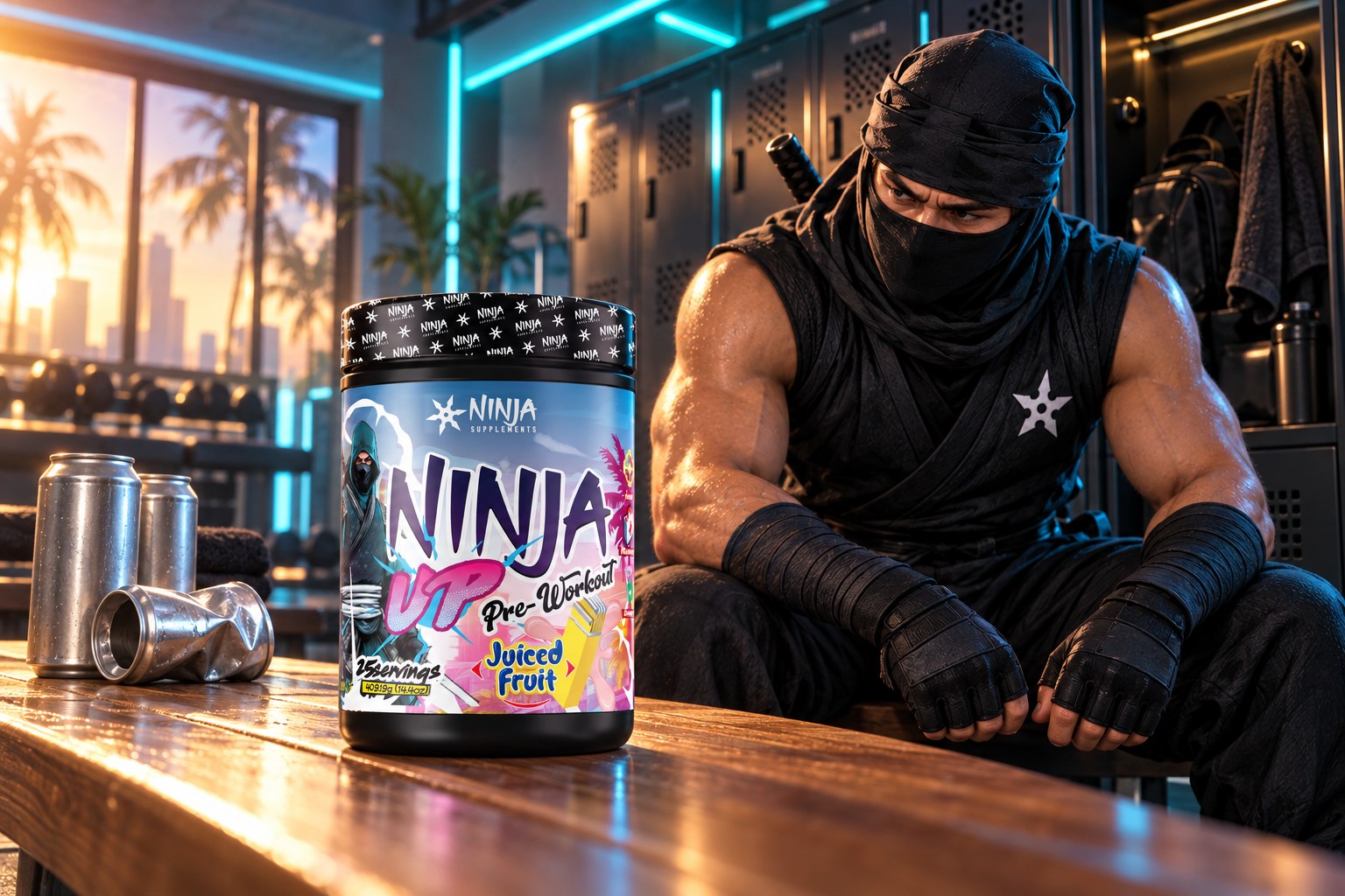 A Ninja Up Juiced Fruit pre-workout tub on a locker room bench with empty cans pushed aside, the Ninja Supplements ninja sitting by his locker