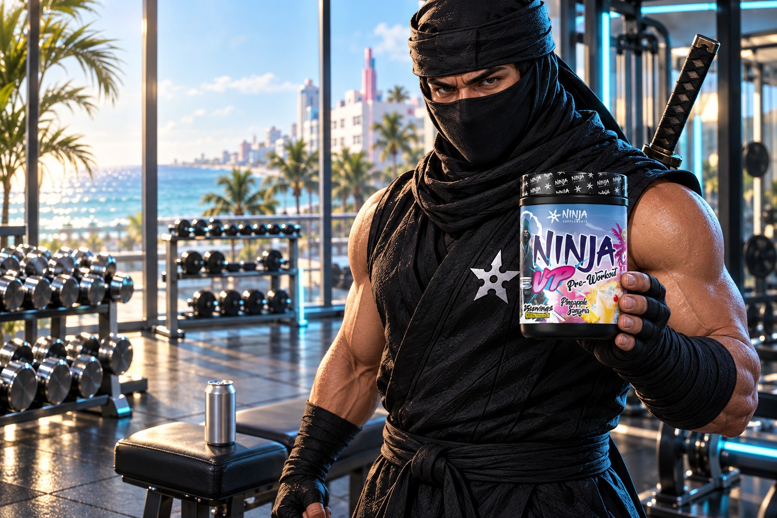 The Ninja Supplements ninja in a Miami Beach hotel gym holding a tub of Ninja Up Pineapple Sangria pre-workout, a plain unopened can left on the bench behind him