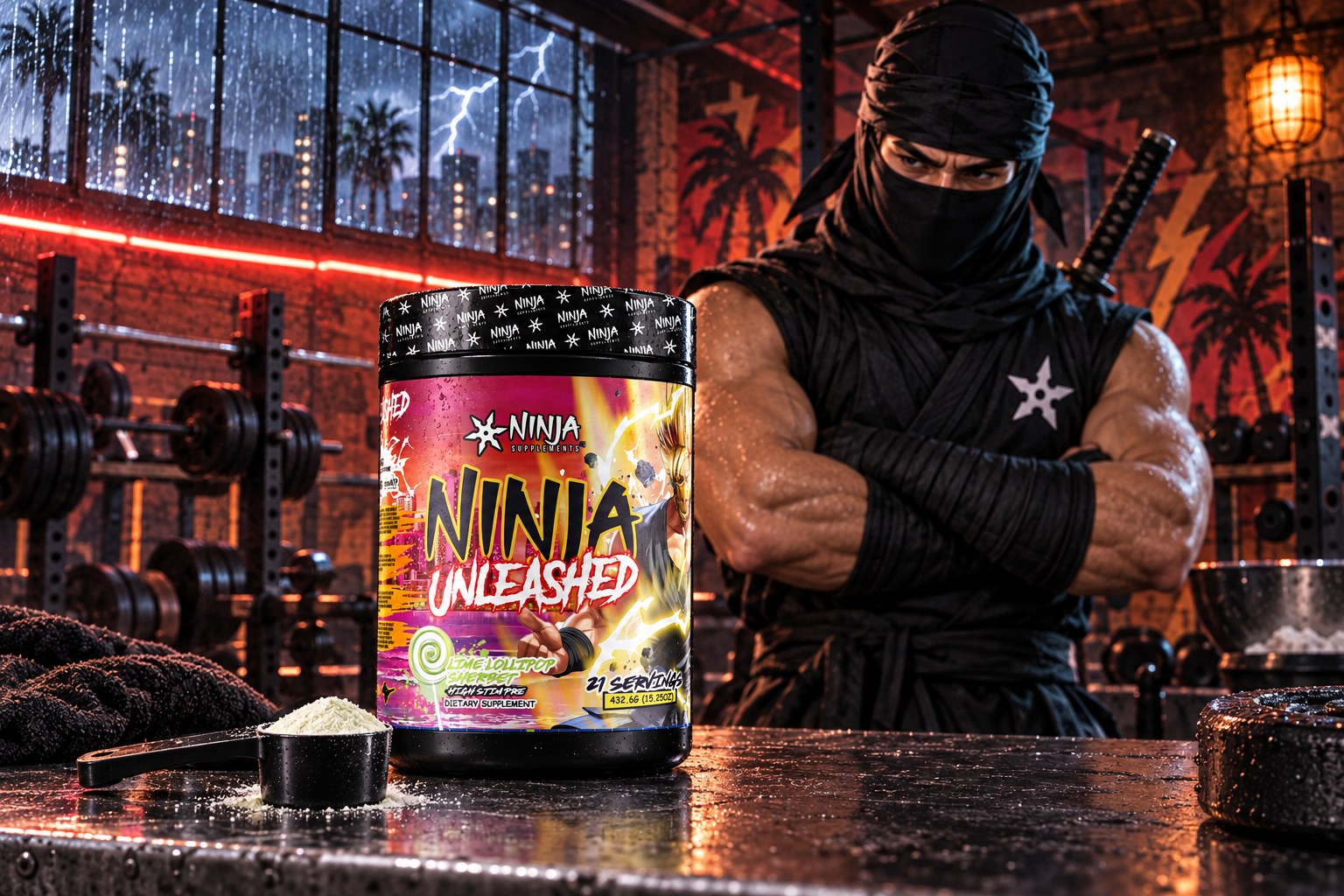 A Ninja Unleashed Lime Lollipop Sherbert tub and one level scoop on a steel counter in a rain-lashed Wynwood basement gym, the Ninja Supplements ninja behind with his arms folded