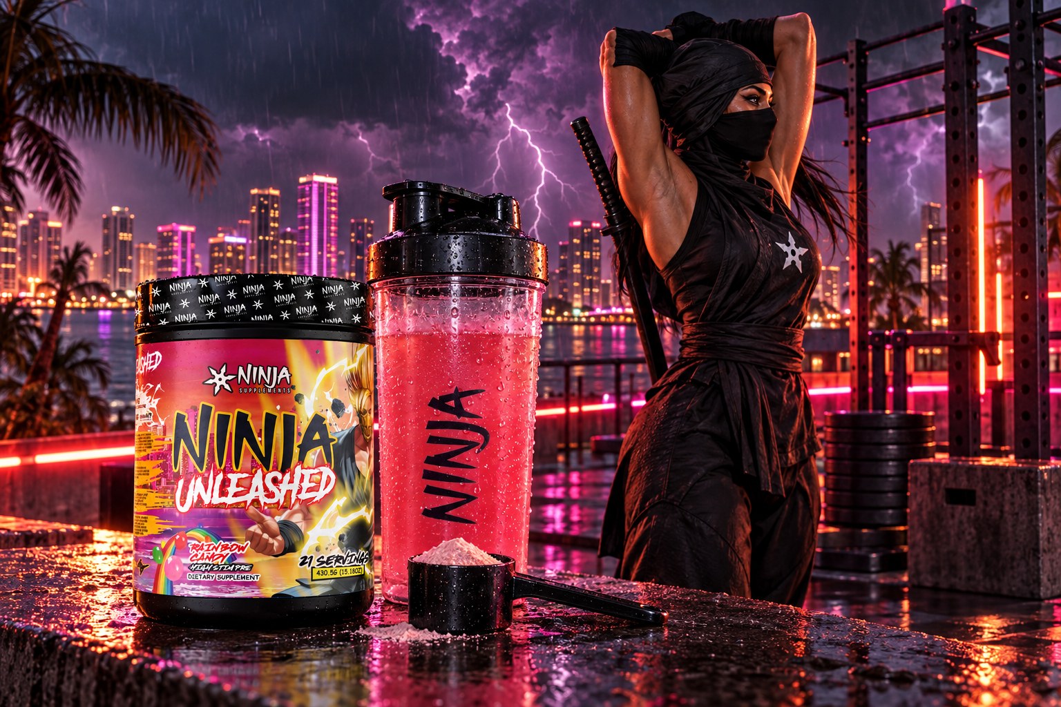 A Ninja Unleashed Rainbow Candy tub beside a mixed Ninja shaker and scoop on a Brickell rooftop ledge as a lightning storm rolls in, a female ninja stretching by the pull-up rig behind