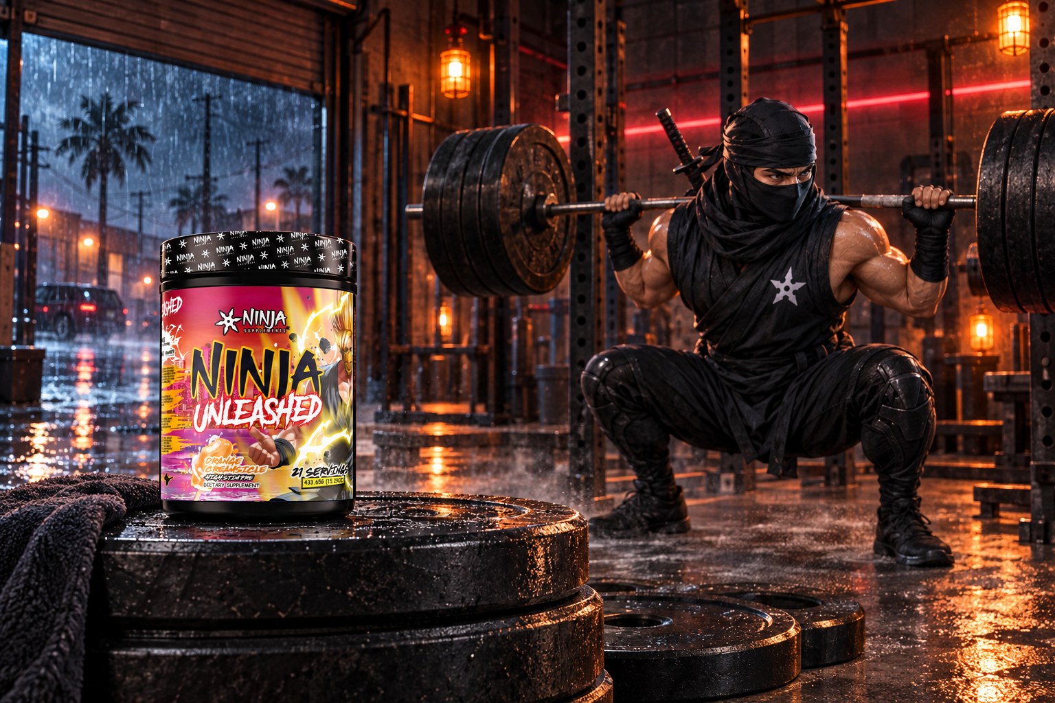 A Ninja Unleashed Orange Creamsicle tub on a stack of iron plates, the Ninja Supplements ninja at the bottom of a heavy back squat in a Hialeah gym during a rainstorm