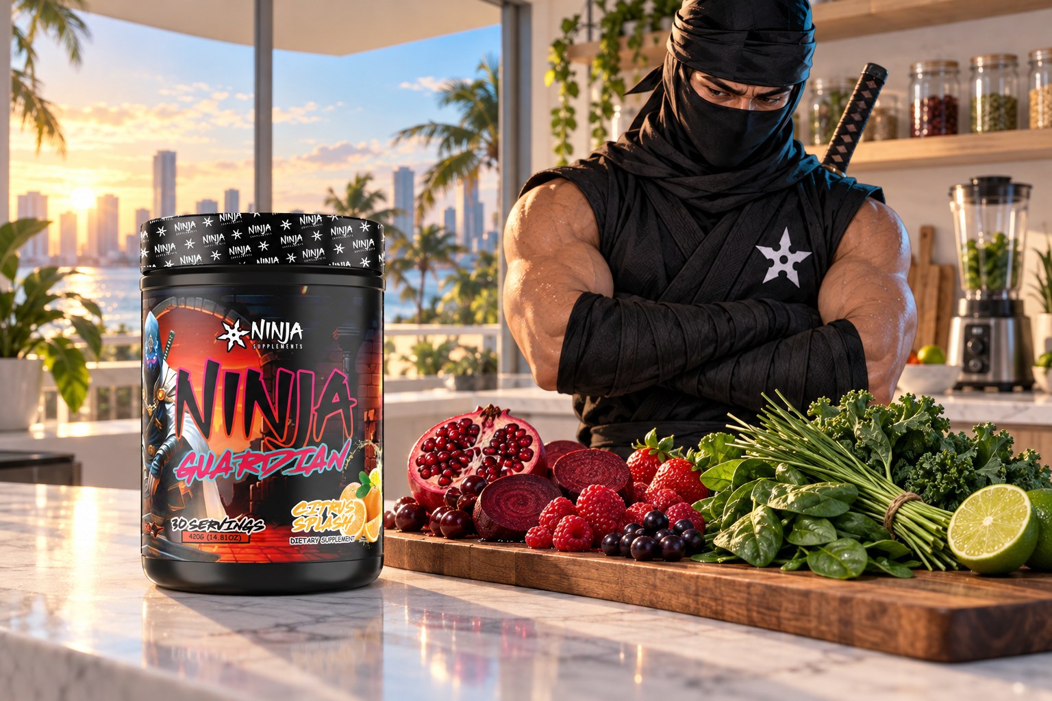 A Ninja Guardian Citrus Splash tub on a marble kitchen island beside a board split between reds (pomegranate, beetroot, cherries, raspberries, strawberries) and greens (spinach, kale, wheatgrass, lime), the Ninja Supplements ninja behind with his arms folded at sunrise