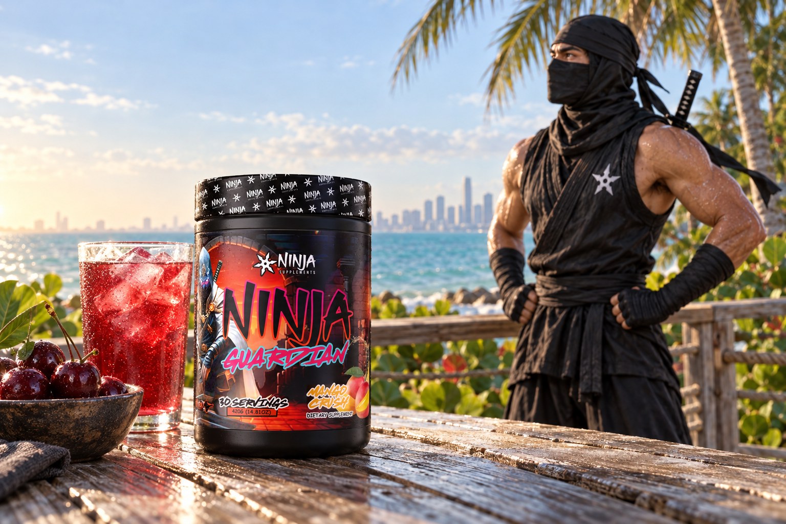 A Ninja Guardian Mango Crush tub on a weathered picnic table with a glass of iced red fruit drink and a bowl of cherries, a ninja catching his breath at the boardwalk rail on Key Biscayne in the morning