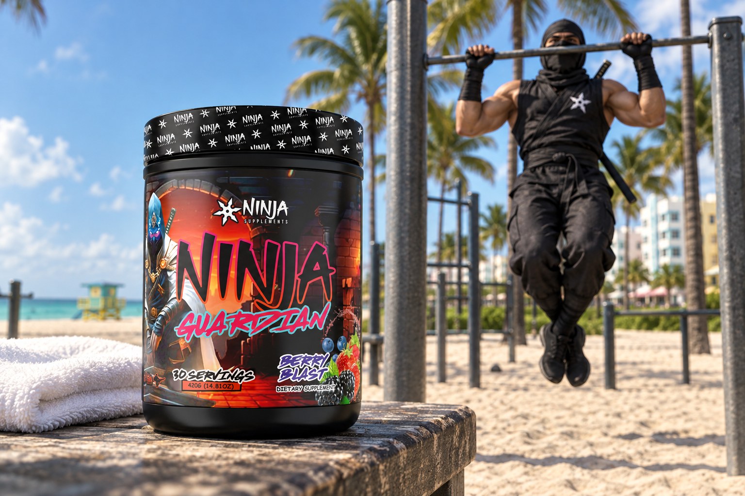 A Ninja Guardian Berry Blast tub beside a folded white towel on a bench at the Lummus Park outdoor gym on South Beach, the Ninja Supplements ninja doing a pull-up behind