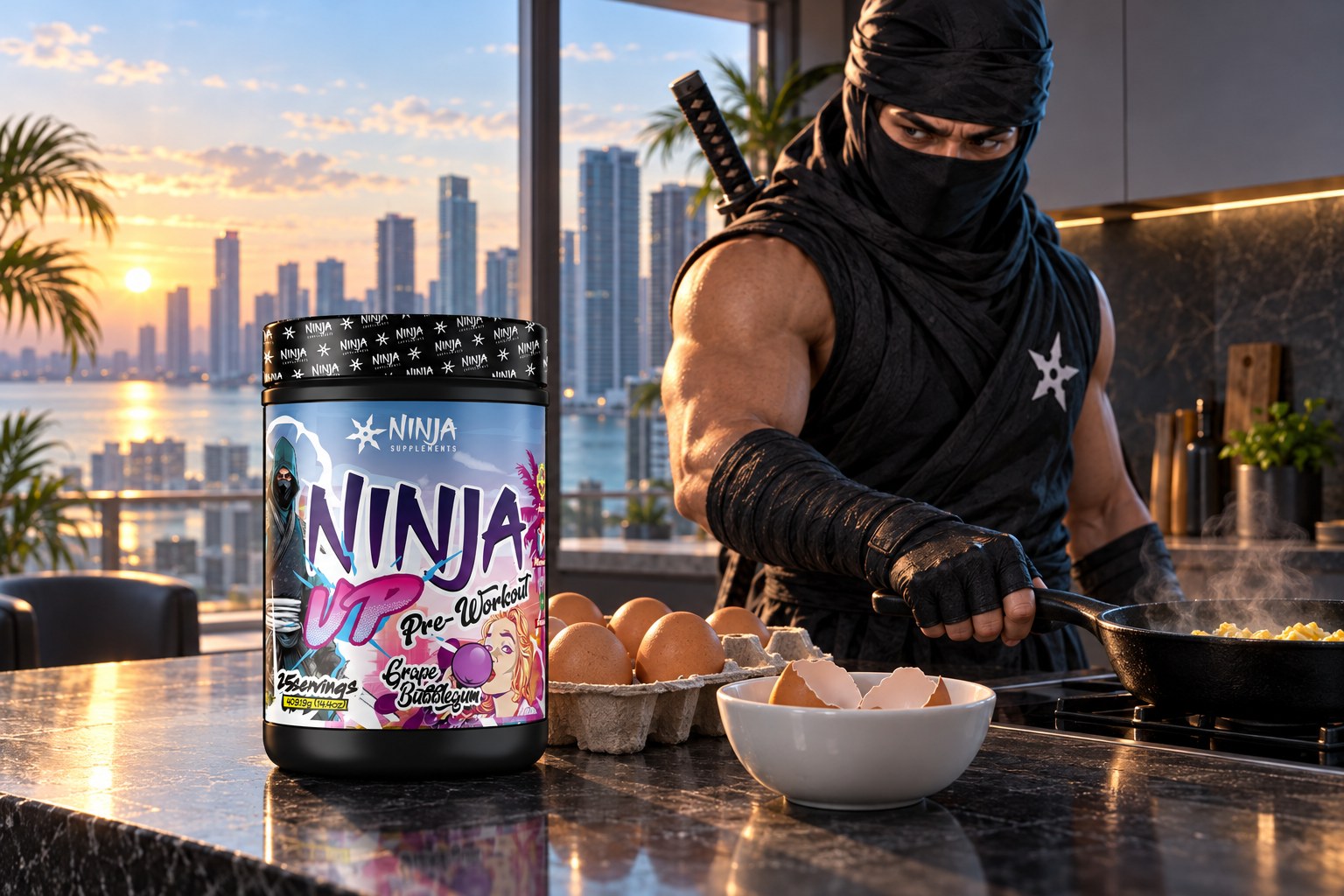 A Ninja Up Grape Bubblegum tub on a dark stone kitchen island beside a carton of brown eggs and a bowl of cracked shells, the Ninja Supplements ninja frying eggs in a cast-iron skillet behind, the Miami skyline at sunrise through the windows