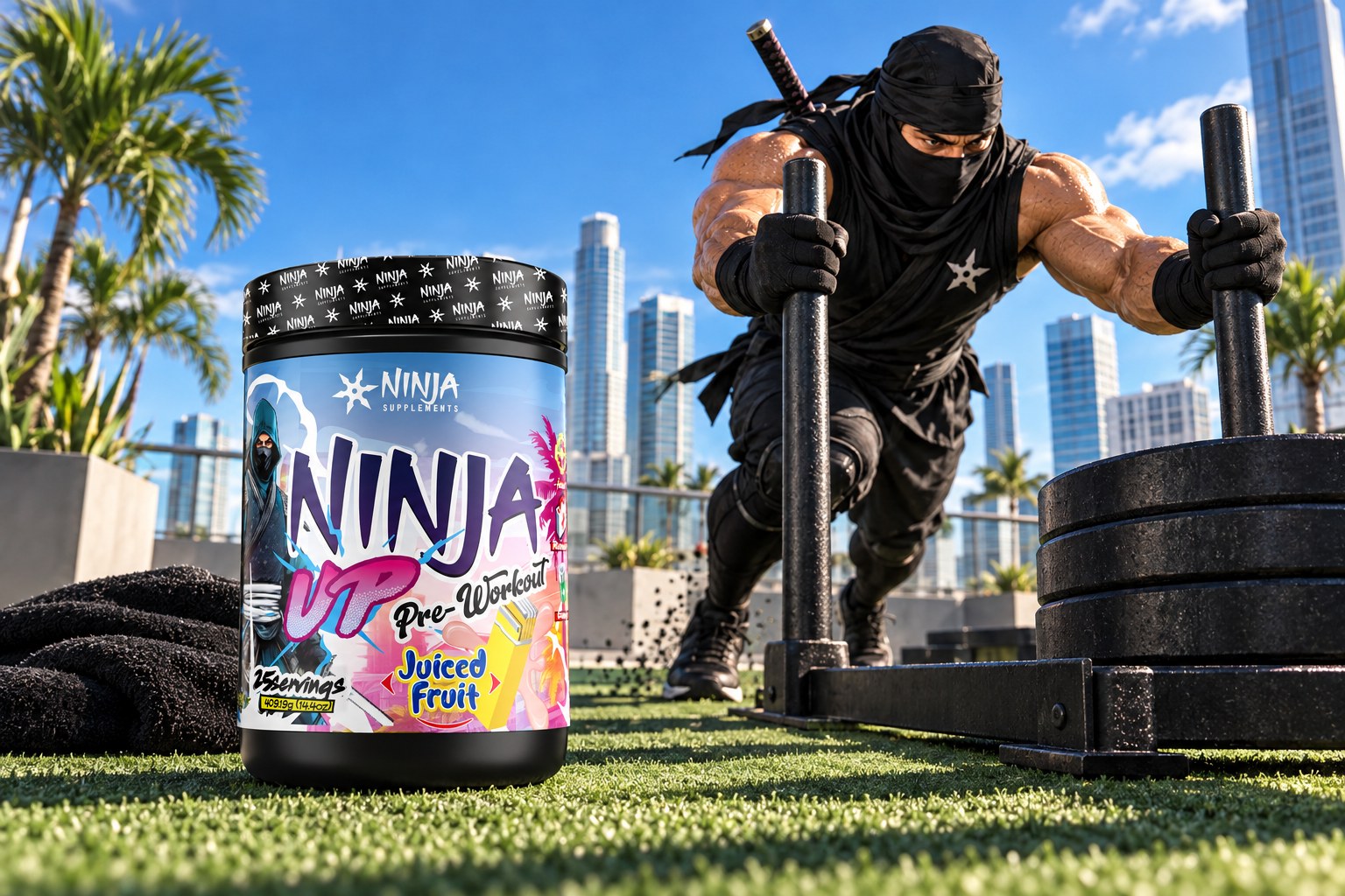 A Ninja Up Juiced Fruit tub standing on rooftop turf in the midday sun, a powerful ninja driving a plate-loaded push sled behind it with the Miami skyline beyond