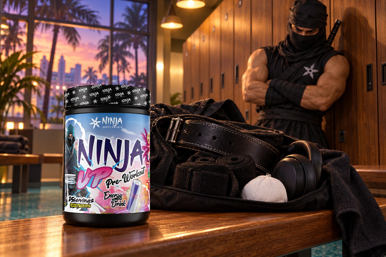 A Ninja Up Energy Drink tub on a wooden locker room bench beside an open gym bag with a lifting belt, wrist wraps, a chalk ball and headphones, the Ninja Supplements ninja leaning on the lockers with his arms folded at dusk