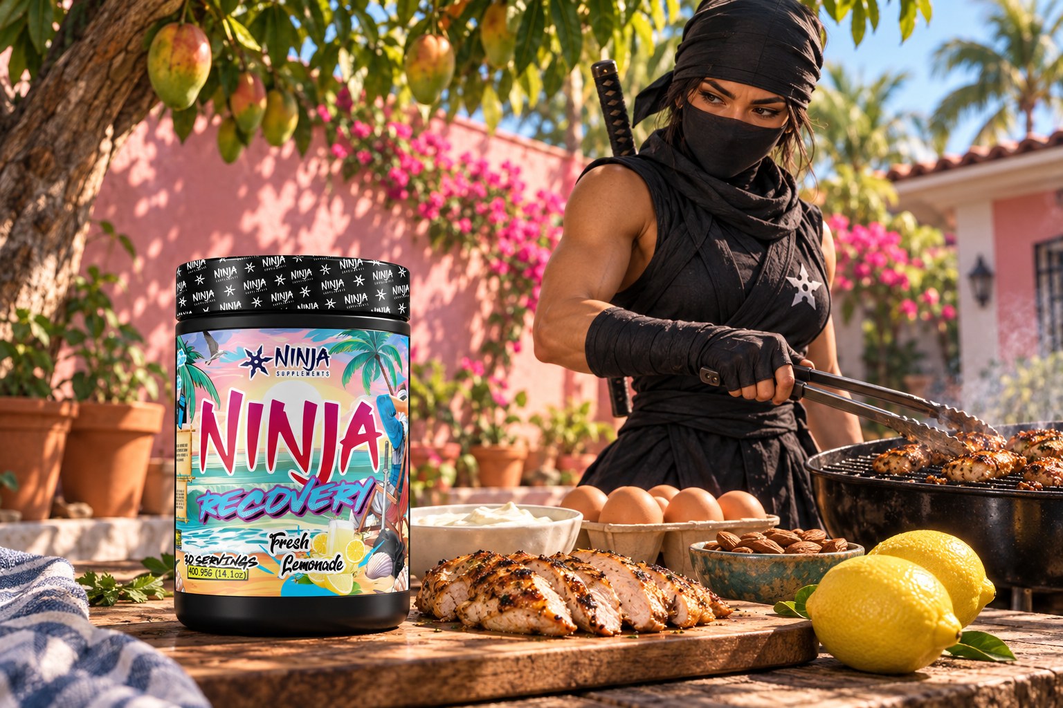 A Ninja Recovery Fresh Lemonade tub on a wooden backyard table beside sliced grilled chicken, a carton of eggs, a bowl of Greek yogurt, almonds and lemons, a female ninja turning chicken on a charcoal grill behind under a mango tree at midday