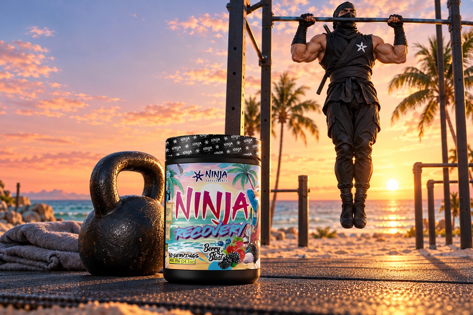 A Ninja Recovery Berry Blast tub standing beside a black kettlebell and a folded towel on a rubber mat at a beach calisthenics park at sunrise, a powerful ninja at the top of a pull-up on the high bar behind with the sun rising over the Atlantic