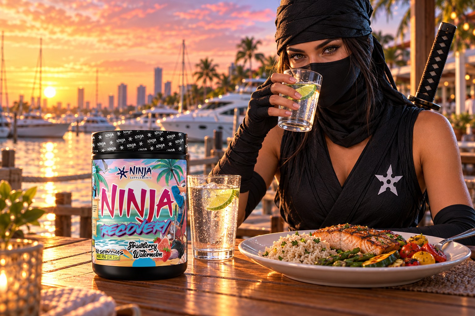A Ninja Recovery Strawberry Watermelon tub on a teak waterfront table beside a glass of water with lime and a plate of grilled salmon, rice and vegetables, a female ninja raising a glass of water behind, yachts and the Miami skyline at sunset
