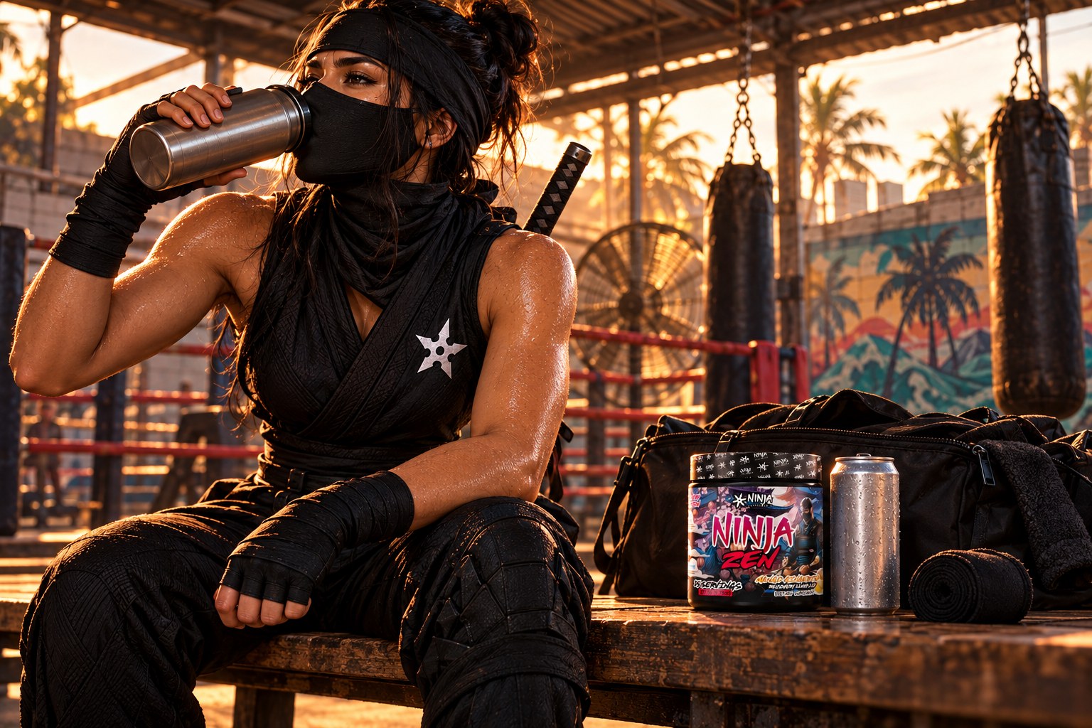 A Ninja Zen Mango Ginger Tea tub on a wooden bench beside a plain can of sparkling water, a rolled hand wrap and an open gym bag at an open-air boxing gym in Allapattah in the late afternoon sun, a sweating female ninja drinking from a steel water bottle after her last round