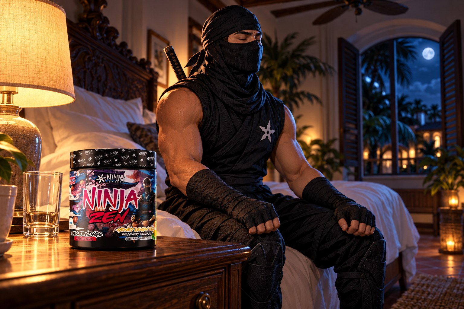 A Ninja Zen Honey Lemon Tea tub on a walnut nightstand beside a lamp and an empty drinking glass, the Ninja Supplements ninja sitting on the edge of the bed with his eyes closed and his fists resting on his knees in a moonlit Coral Gables bedroom