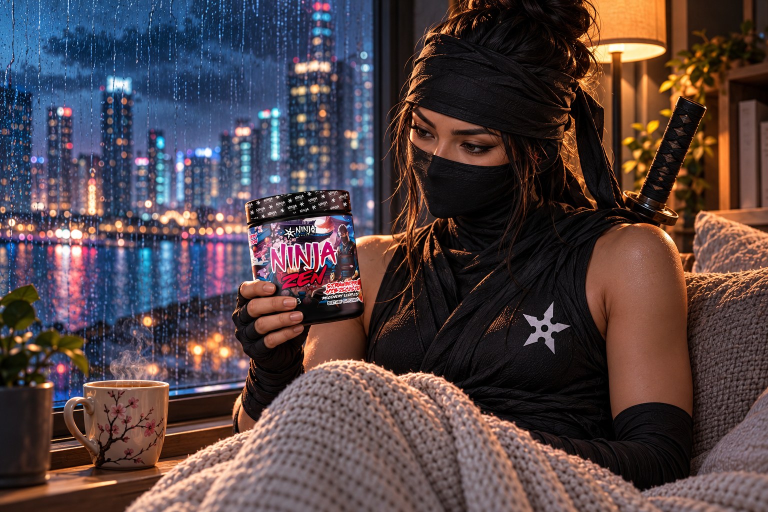 A female ninja curled up on a cushioned window seat on a rainy night, holding a Ninja Zen Strawberry Hibiscus Tea tub and reading its label, a cherry-blossom mug of tea on the ledge and the Brickell skyline blurred through the rain-streaked glass